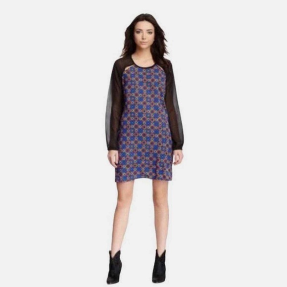 Romeo & Juliet Couture Sheer Sleeve Tunic Shift Dress Blue Brown - Picture 9 of 11